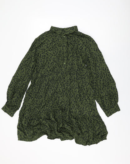 Next Womens Green Animal Print Viscose Shift Size 10 Collared Button
