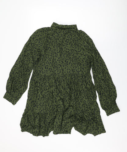 Next Womens Green Animal Print Viscose Shift Size 10 Collared Button