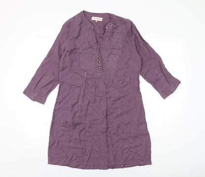 John Lewis Womens Purple Cotton Shift Size 12 V-Neck Button