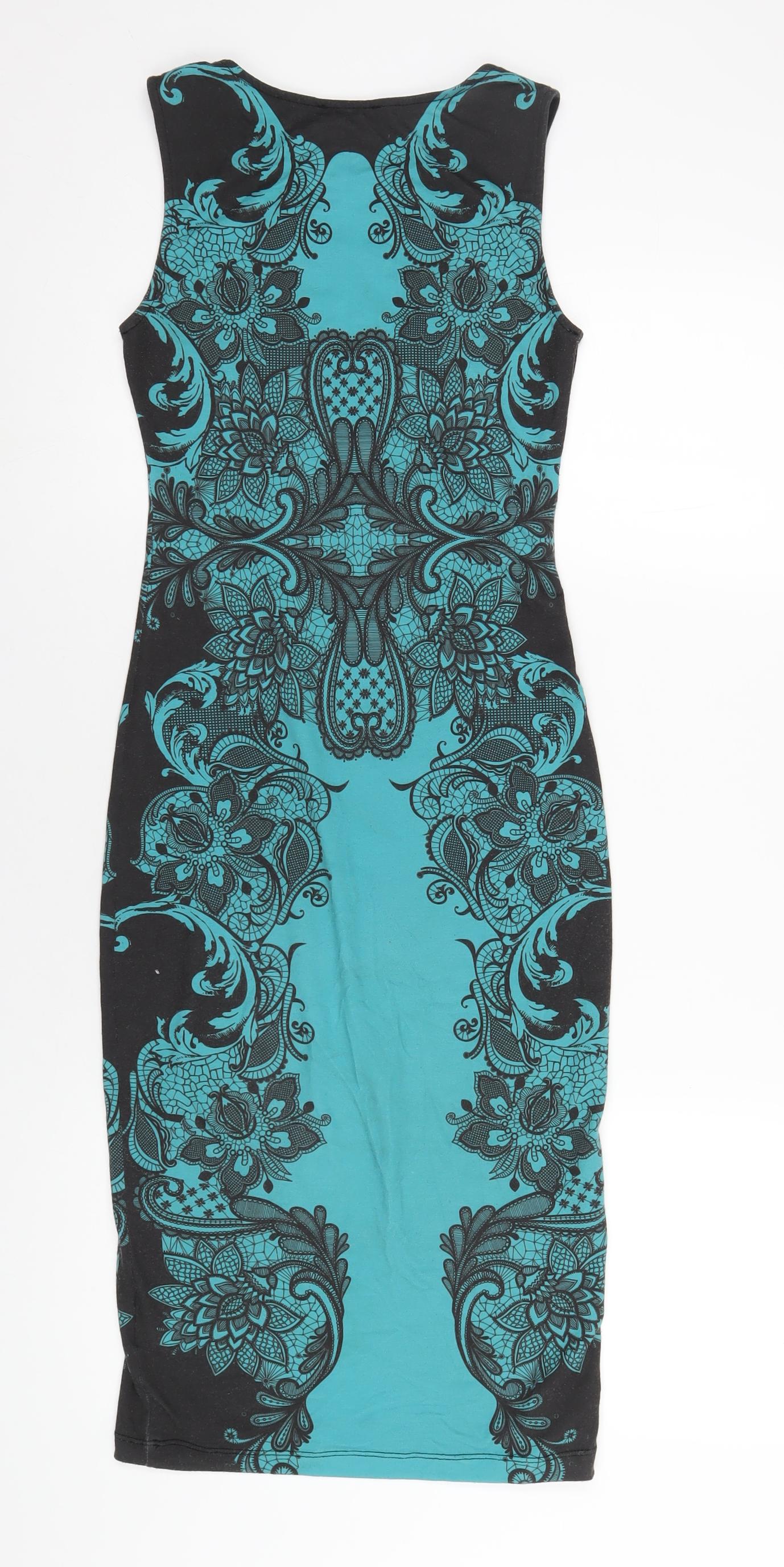 Lipsy Womens Blue Geometric Polyester Bodycon Size 8 Round Neck Pullover