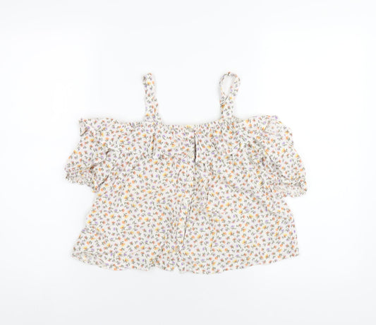 NEXT Girls Multicoloured Floral Viscose Basic T-Shirt Size 12 Years Square Neck Button