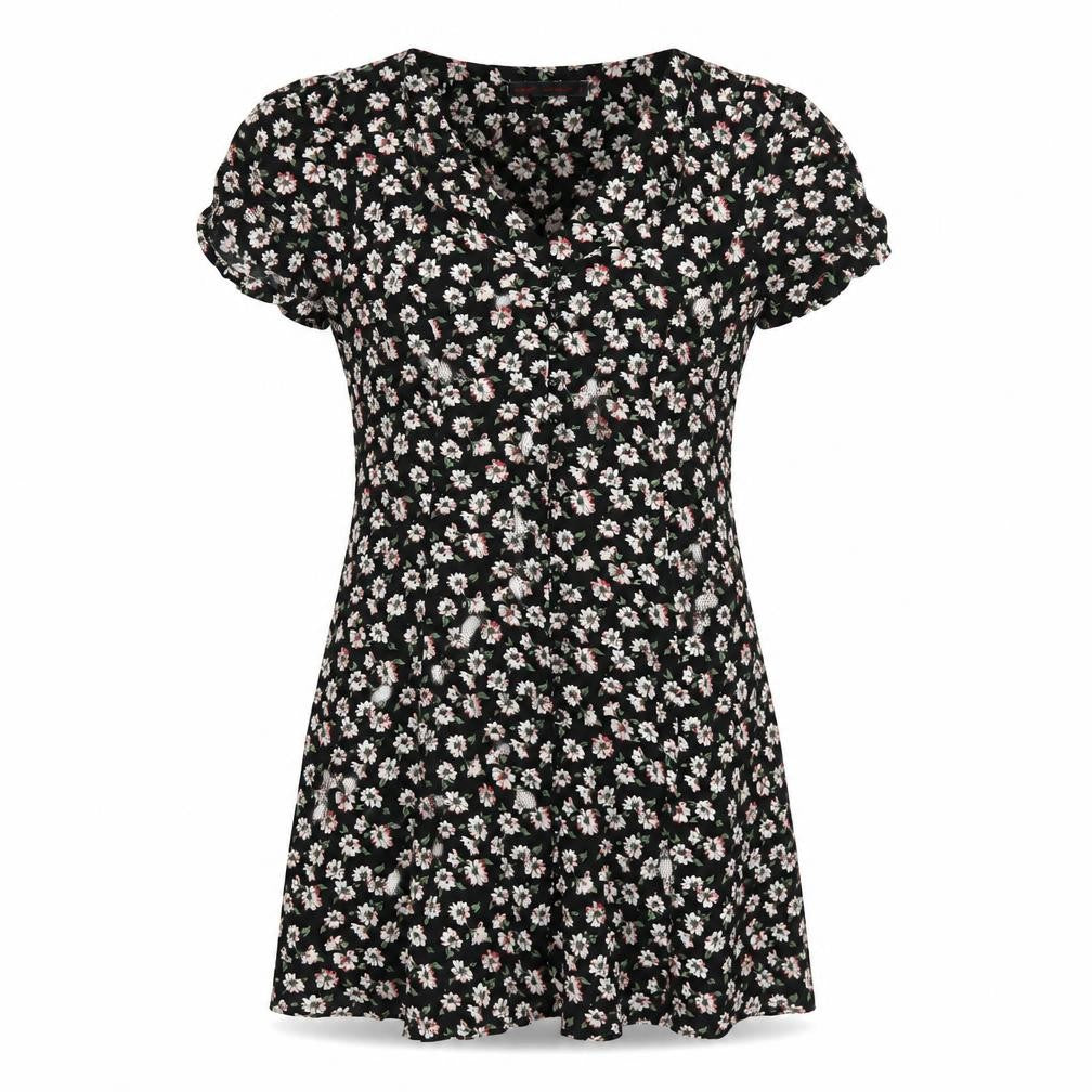 NEXT Womens Black Floral Viscose A-Line Size 16 V-Neck Button