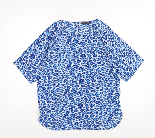 Marks and Spencer Womens Blue Animal Print Polyester Basic T-Shirt Size 8 Round Neck
