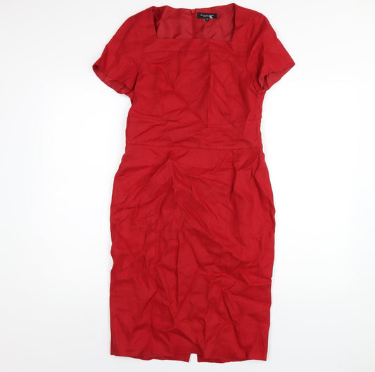 Debenhams Womens Red Linen Pencil Dress Size 10 Square Neck Zip