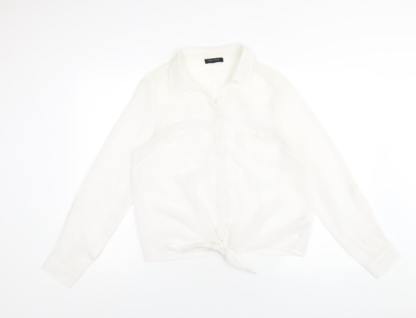 New Look Womens White Polyester Basic Button-Up Size 14 Collared
