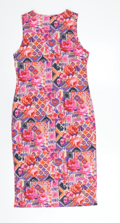 Back view of Miss Selfridge women’s multicoloured geometric polyester bodycon, size UK 12, round neck pullover