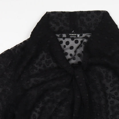 Close-up detail of Roman women’s black polyester basic blouse, size UK 16, v-neck