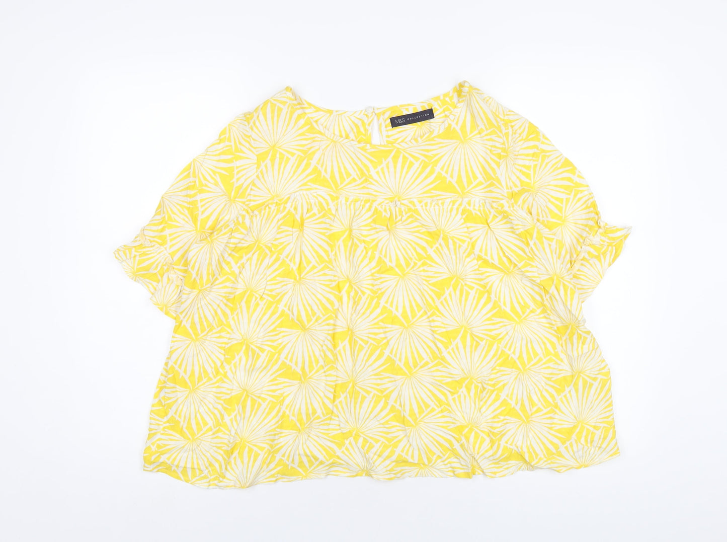 Marks and Spencer Womens Yellow Geometric Viscose Basic T-Shirt Size 10 Round Neck
