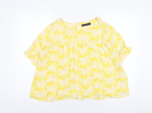 Marks and Spencer Womens Yellow Geometric Viscose Basic T-Shirt Size 10 Round Neck