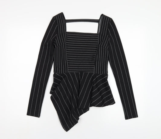 River Island Womens Black Striped Polyester Basic T-Shirt Size 8 Square Neck