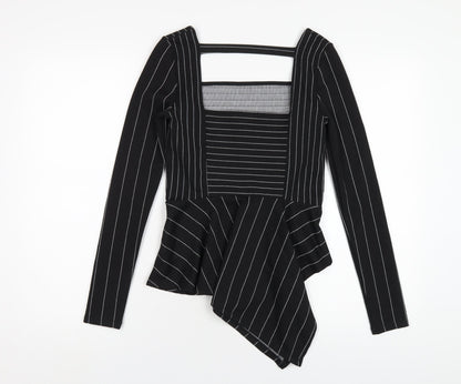 River Island Womens Black Striped Polyester Basic T-Shirt Size 8 Square Neck
