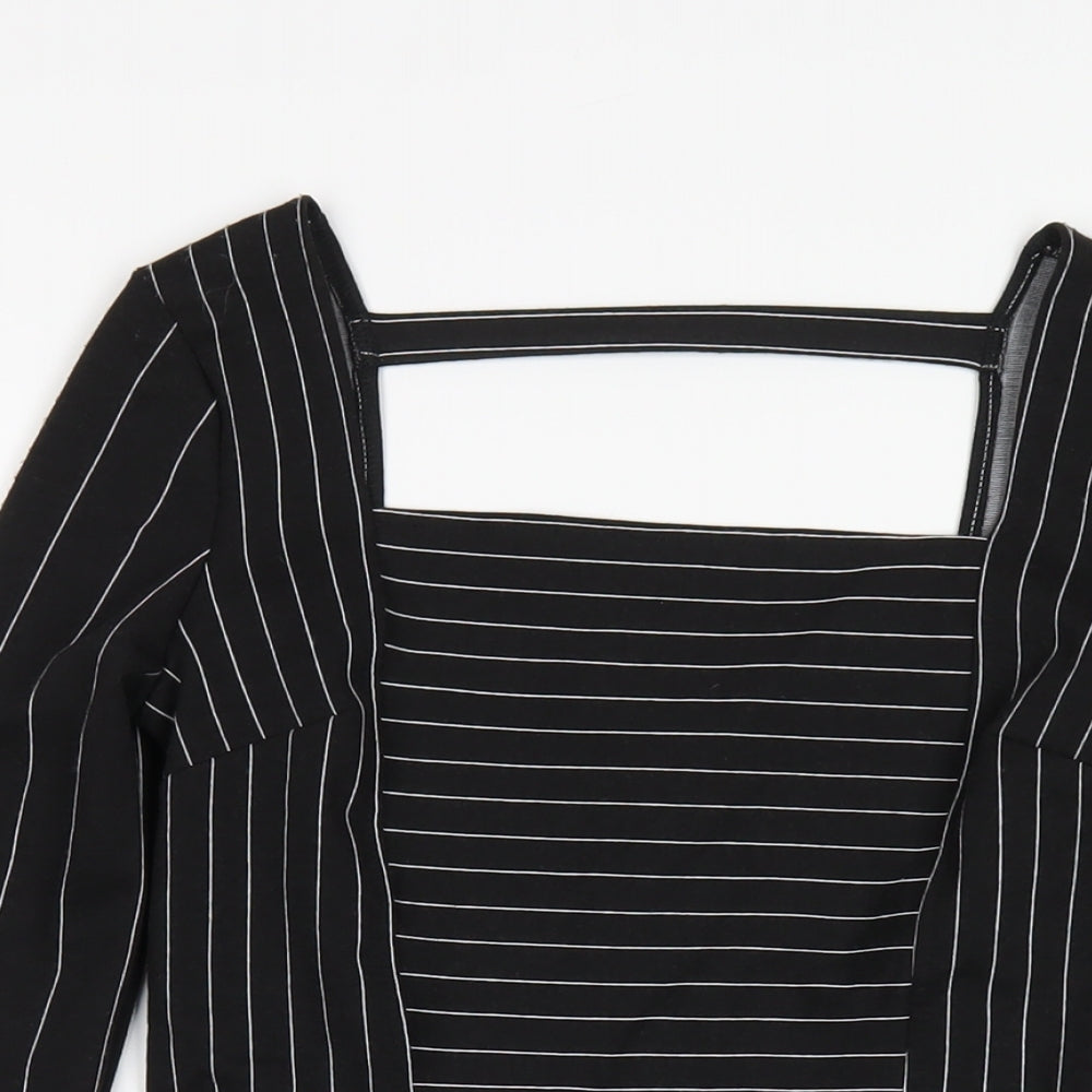 River Island Womens Black Striped Polyester Basic T-Shirt Size 8 Square Neck