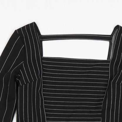 River Island Womens Black Striped Polyester Basic T-Shirt Size 8 Square Neck