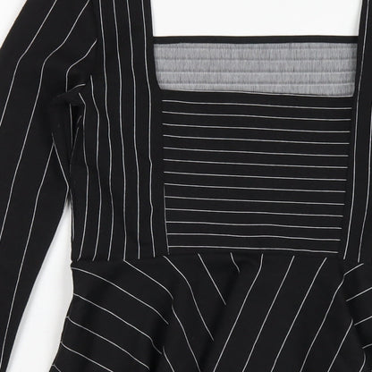 River Island Womens Black Striped Polyester Basic T-Shirt Size 8 Square Neck