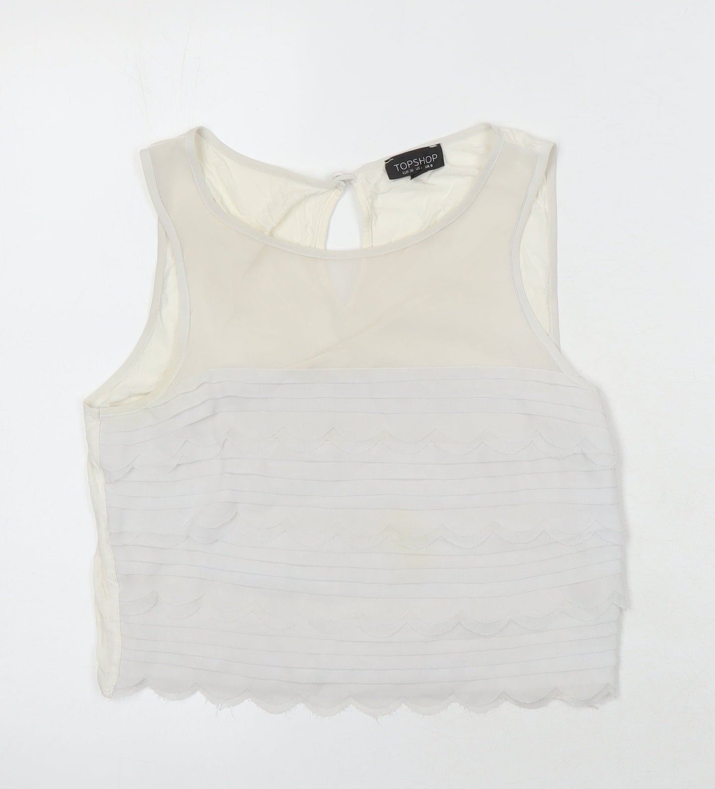 Topshop Womens Ivory Herringbone Polyester Blend Tunic Blouse Size 8 Round Neck - Scalloped hem