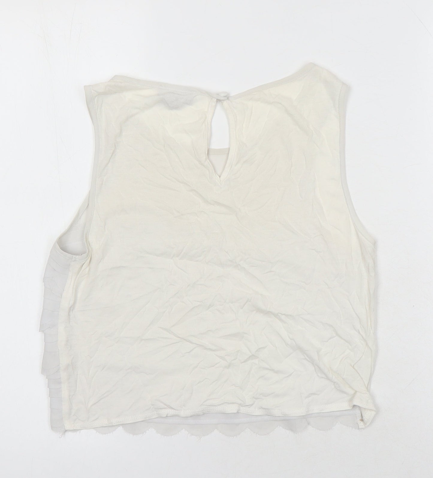 Topshop Womens Ivory Herringbone Polyester Blend Tunic Blouse Size 8 Round Neck - Scalloped hem