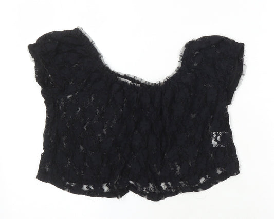 Gloria Jeans Company Womens Black Nylon Cropped Blouse Size S Scoop Neck - Lace Sheer