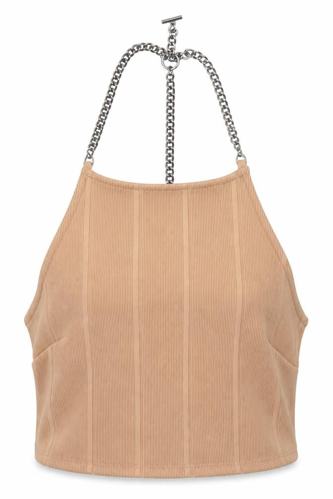 Topshop Womens Brown Polyester Cropped Blouse Size 5XL Square Neck - Chain Detail