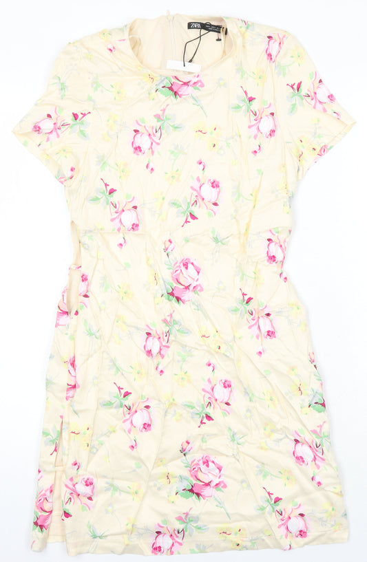 Zara Womens Multicoloured Floral Polyester A-Line Size S Round Neck