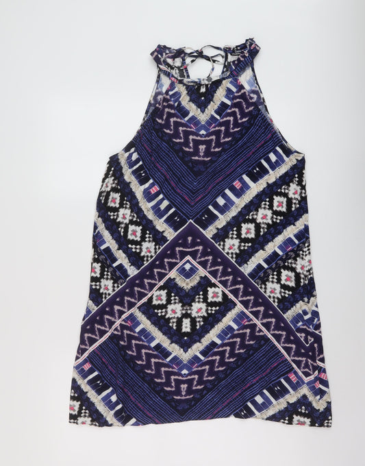 Warehouse Womens Blue Geometric Polyester Tunic Tank Size 16 Round Neck