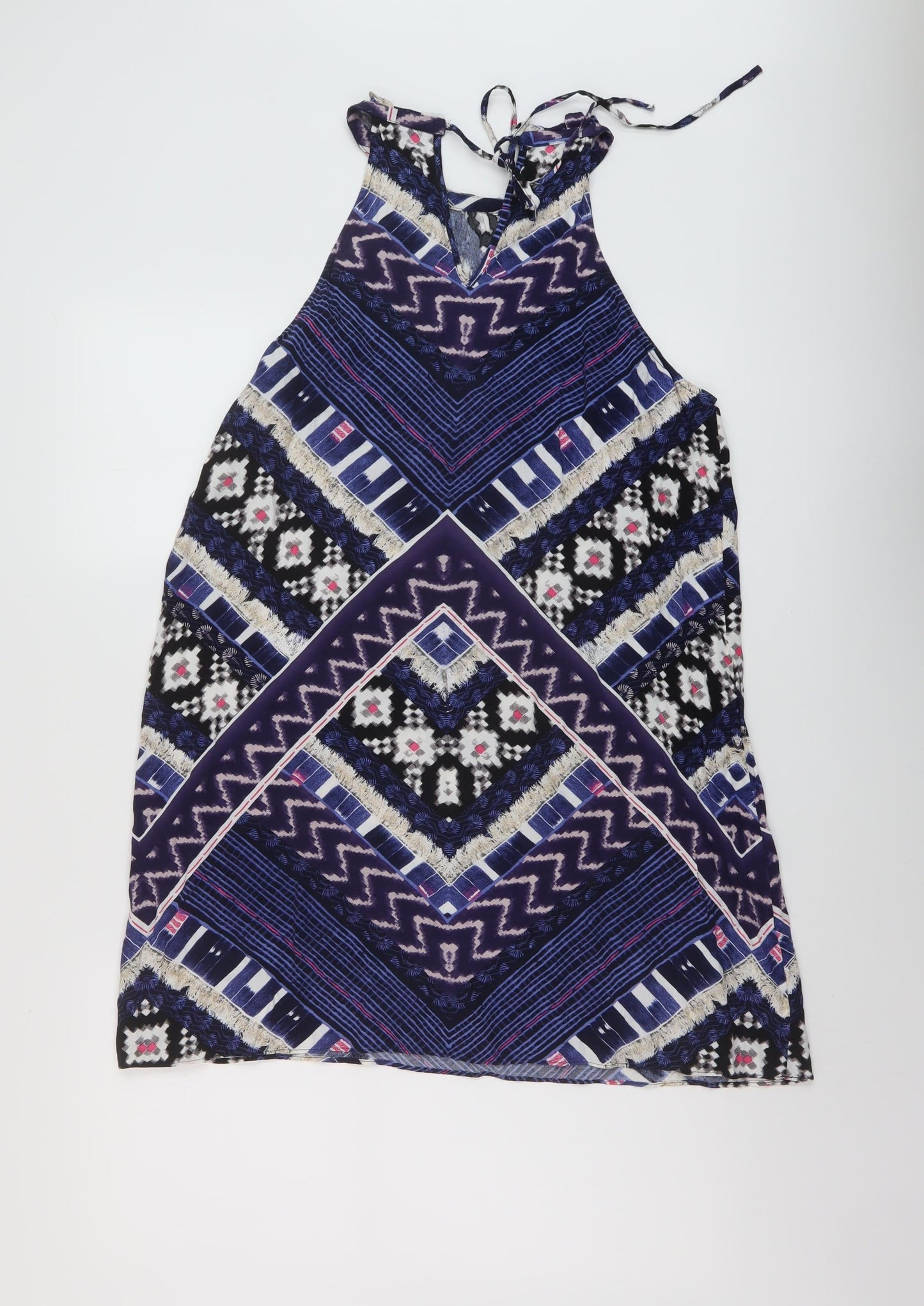 Warehouse Womens Blue Geometric Polyester Tunic Tank Size 16 Round Neck