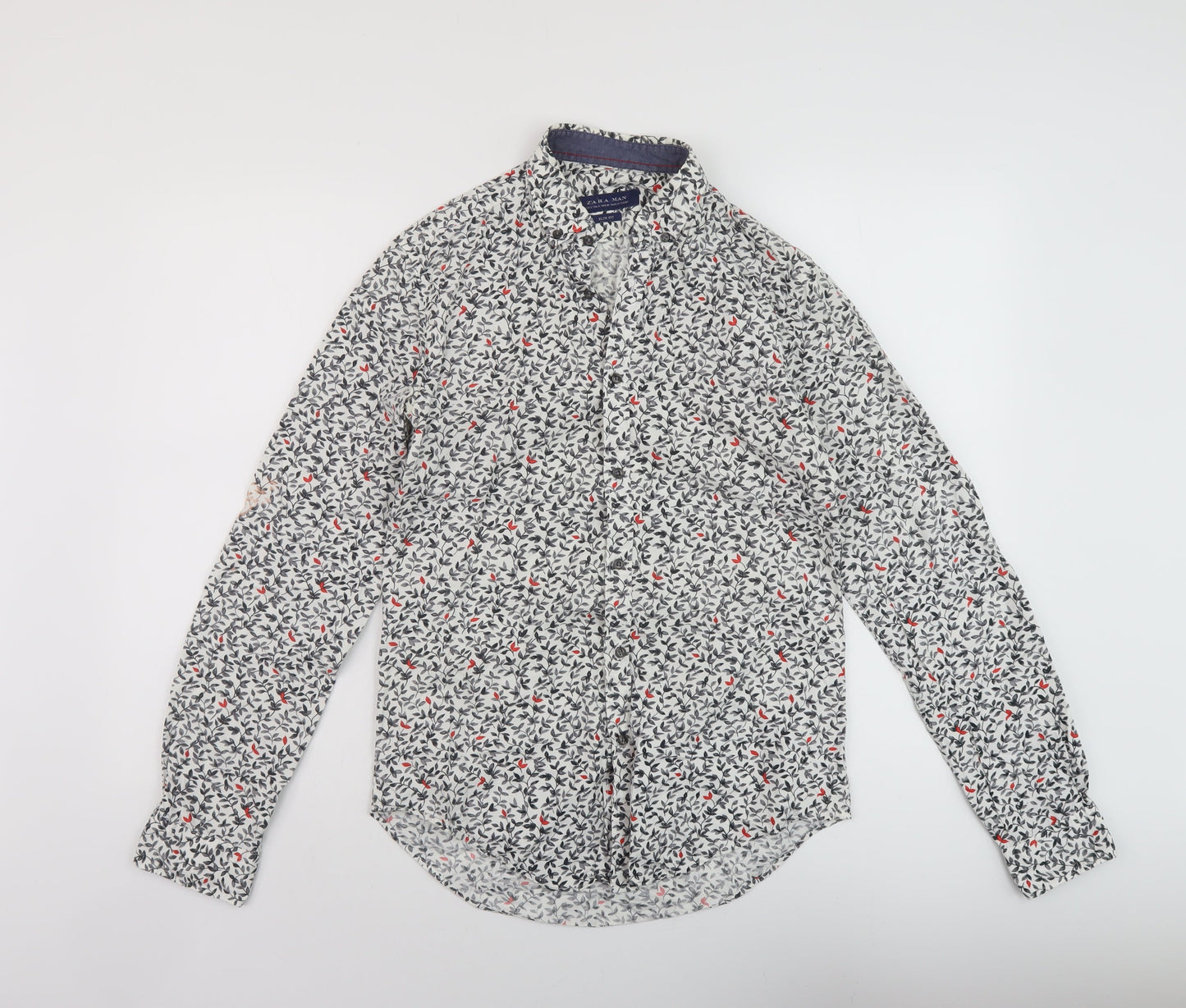 Zara Mens Multicoloured Floral Polyester Button-Up Size S Collared Button