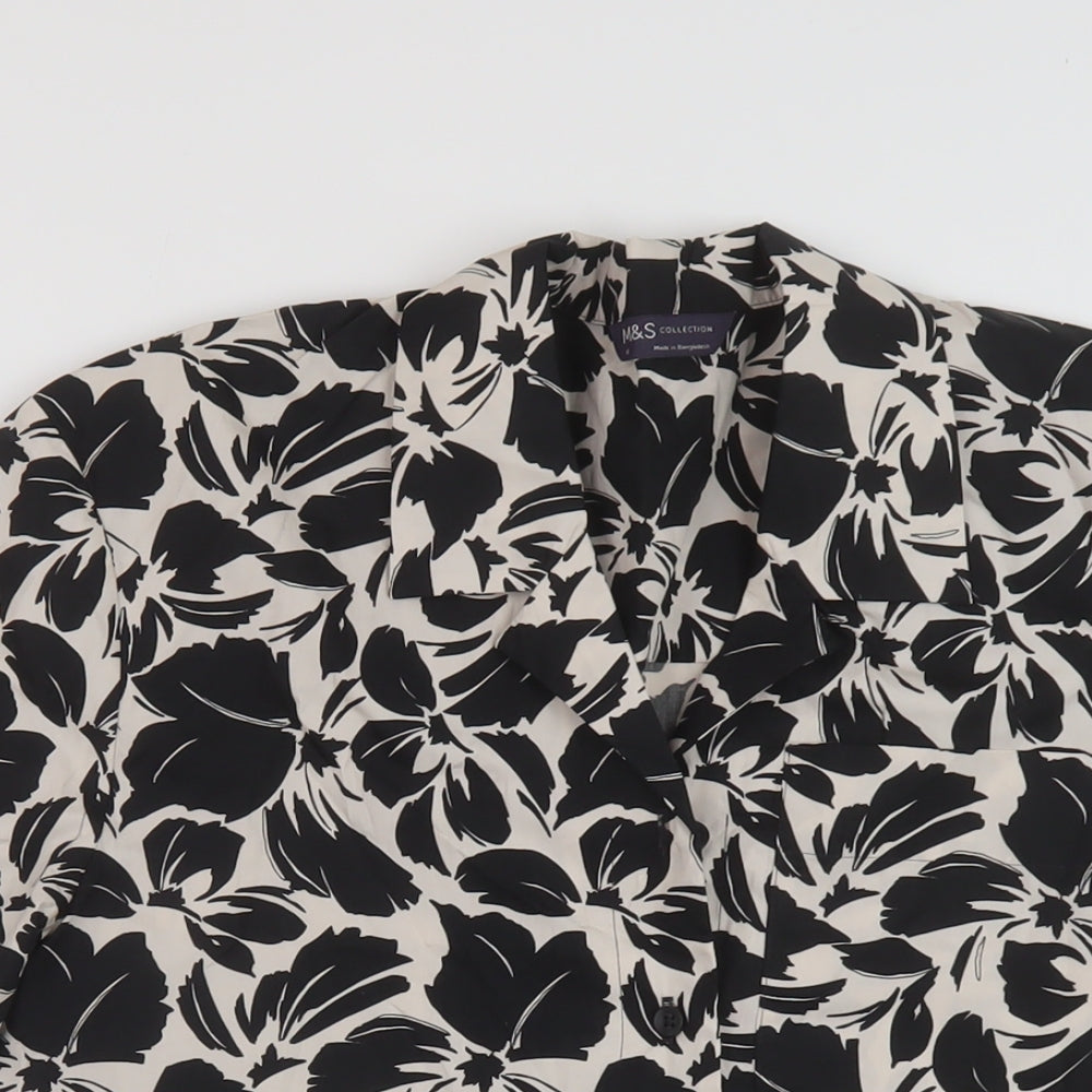 Marks and Spencer Womens Black Geometric Cotton Basic Button-Up Size 6 Collared
