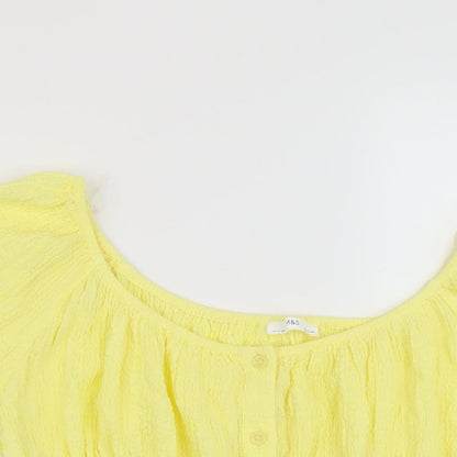 Close-up detail of Marks & Spencer girls’ yellow polyester basic blouse, size 13-14, years round neck button