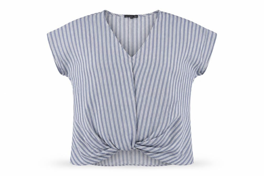 West Kei Womens Blue Striped Polyester Basic Blouse Size 12 V-Neck