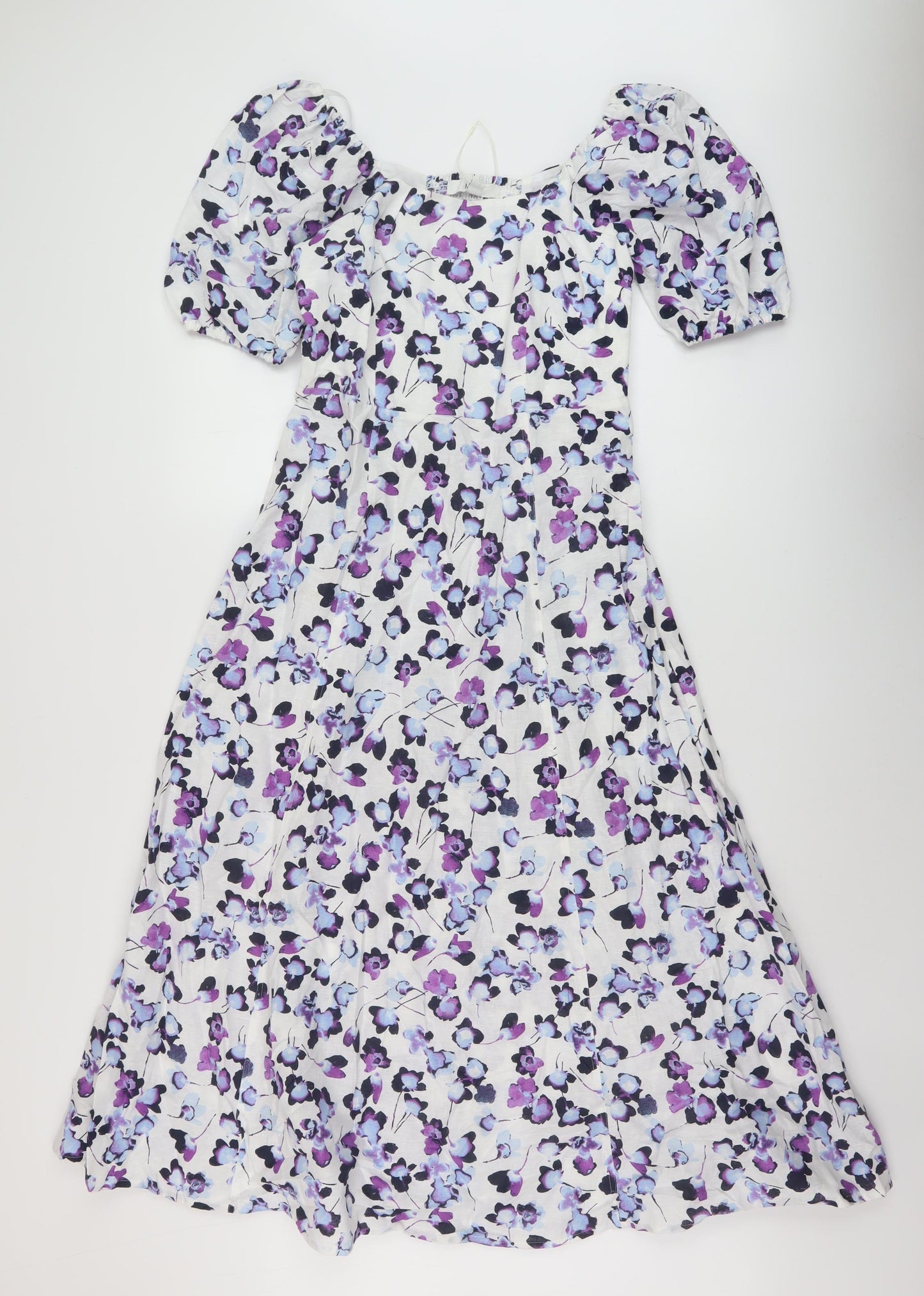 Marks and Spencer Womens Multicoloured Floral Linen A-Line Size 8 Square Neck Zip