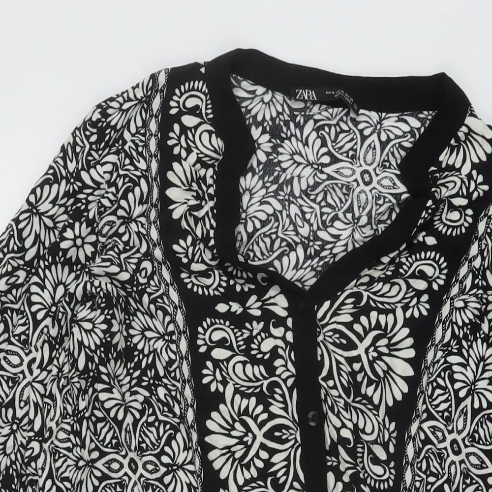Zara Womens Black Geometric Viscose Basic Blouse Size M V-Neck