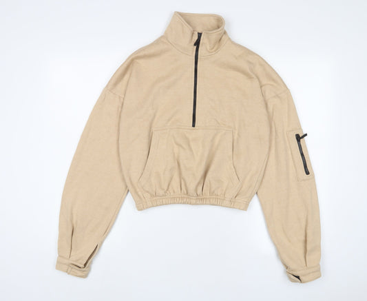 PRETTYLITTLETHING Womens Beige Cotton Pullover Sweatshirt Size S Zip