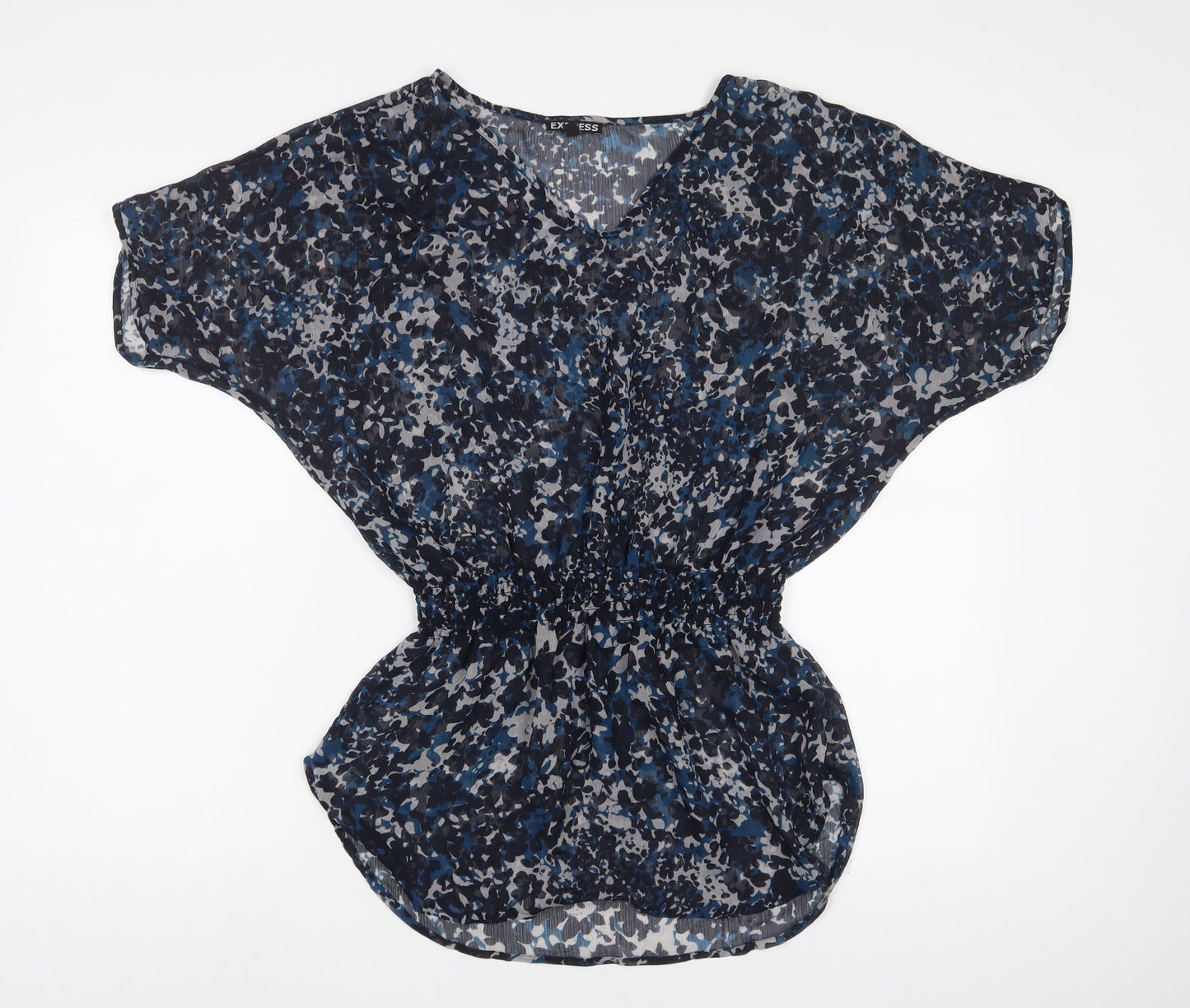 Express Womens Blue Geometric Polyester Tunic Blouse Size S V-Neck