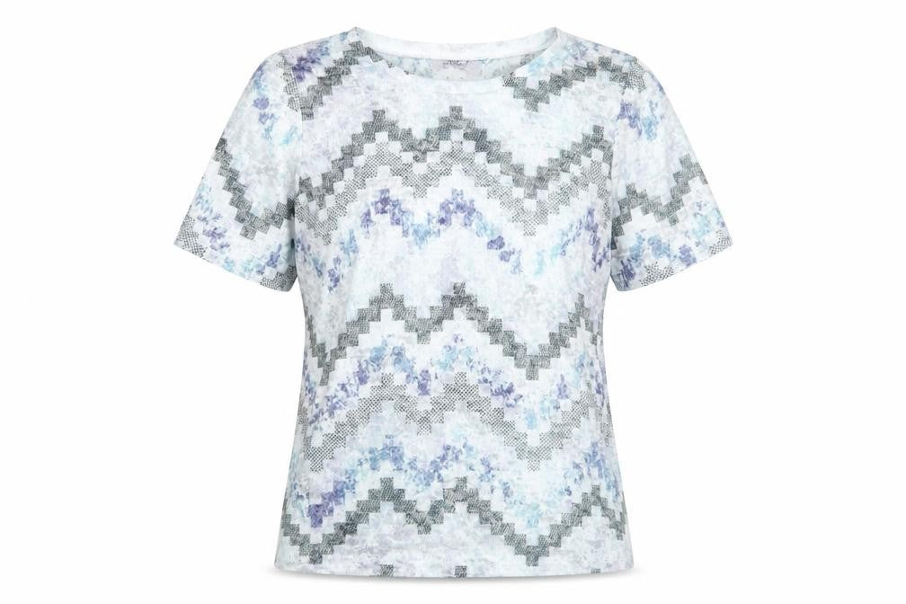 Anamor Womens Blue Geometric Polyester Basic T-Shirt Size L Crew Neck