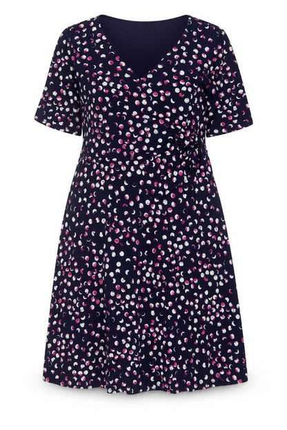 Front view of Kaleidoscope women’s purple geometric polyester a-line, size UK 14, v-neck pullover