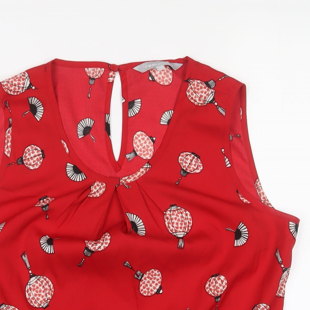 Red Herring Womens Red Geometric Polyester Basic Tank Size 10 Collared - Pleated