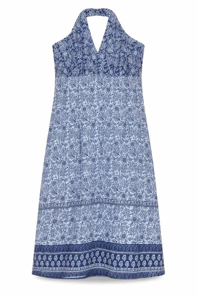 Marks & Spencer Womens Blue Geometric Cotton A-Line Size 12 Halter Tie