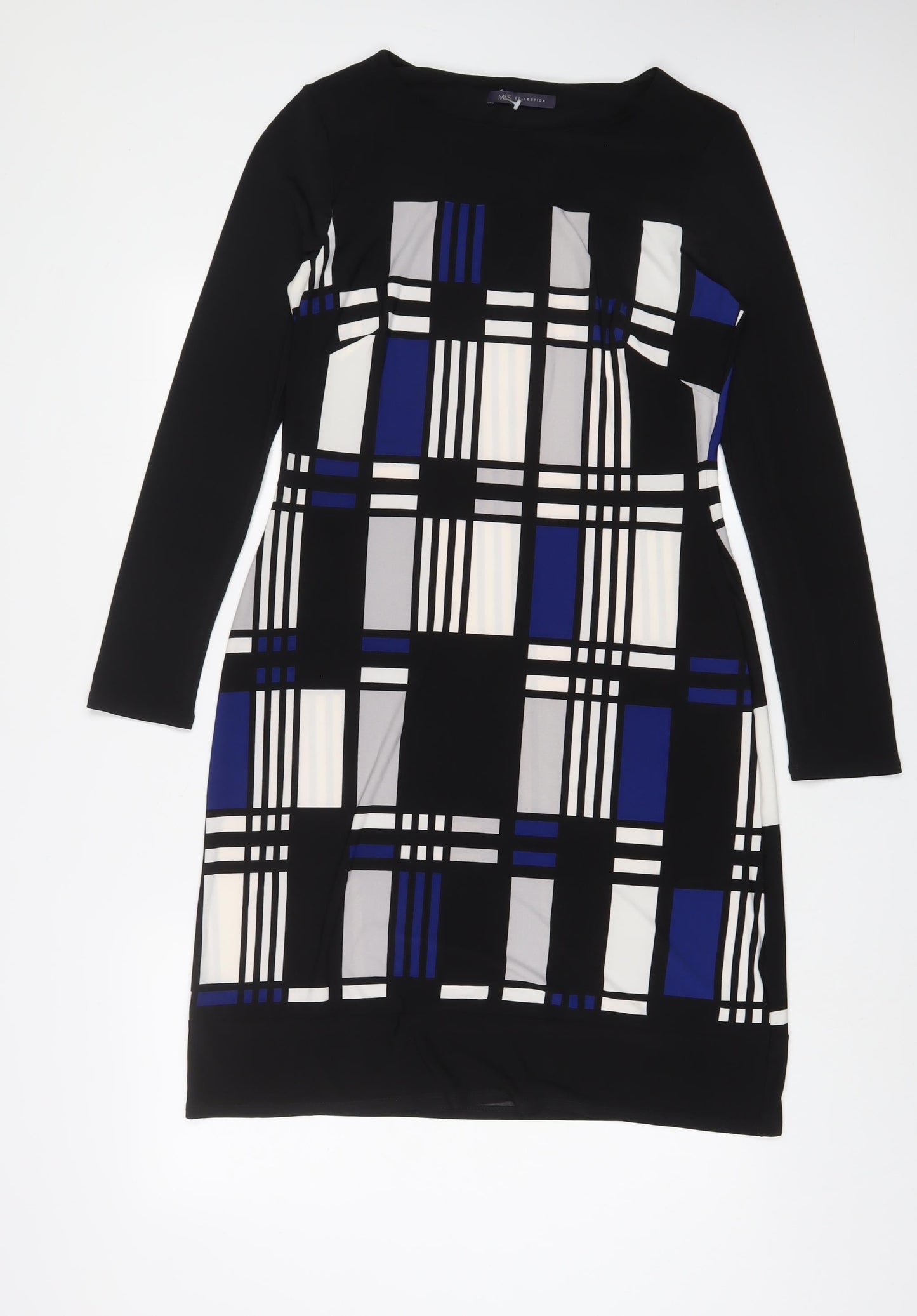 Marks and Spencer Womens Blue Geometric Polyester A-Line Size 12 Boat Neck Pullover