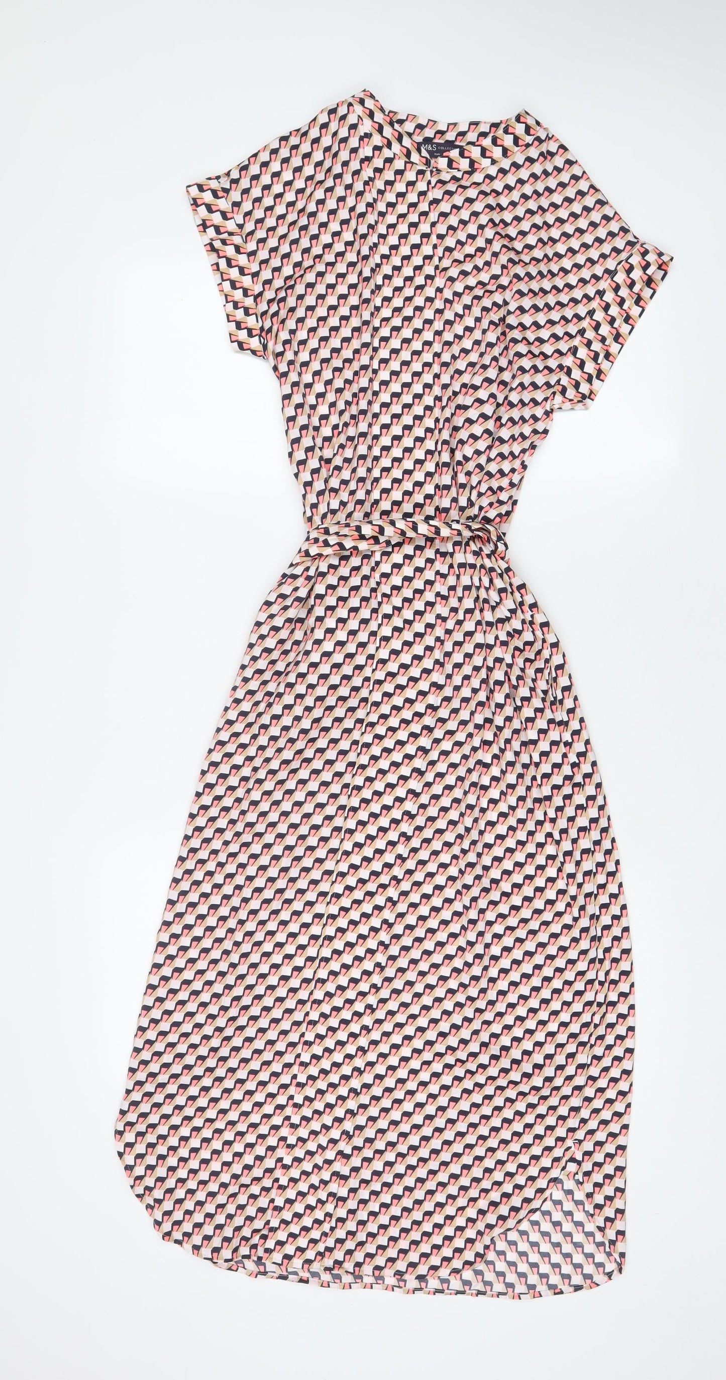 Marks and Spencer Womens Pink Geometric Polyester A-Line Size 6 V-Neck Pullover - Belted