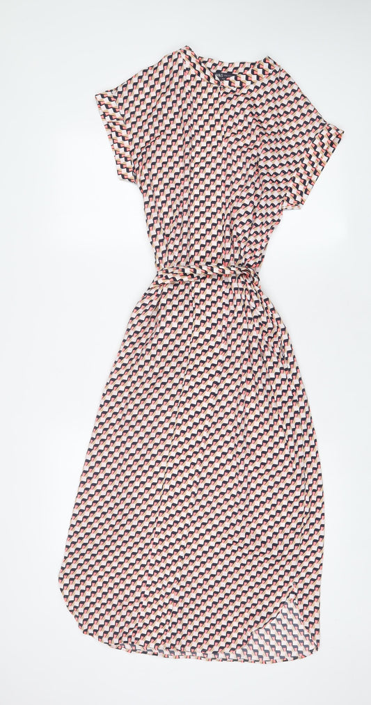 Marks and Spencer Womens Pink Geometric Polyester A-Line Size 6 V-Neck Pullover - Belted