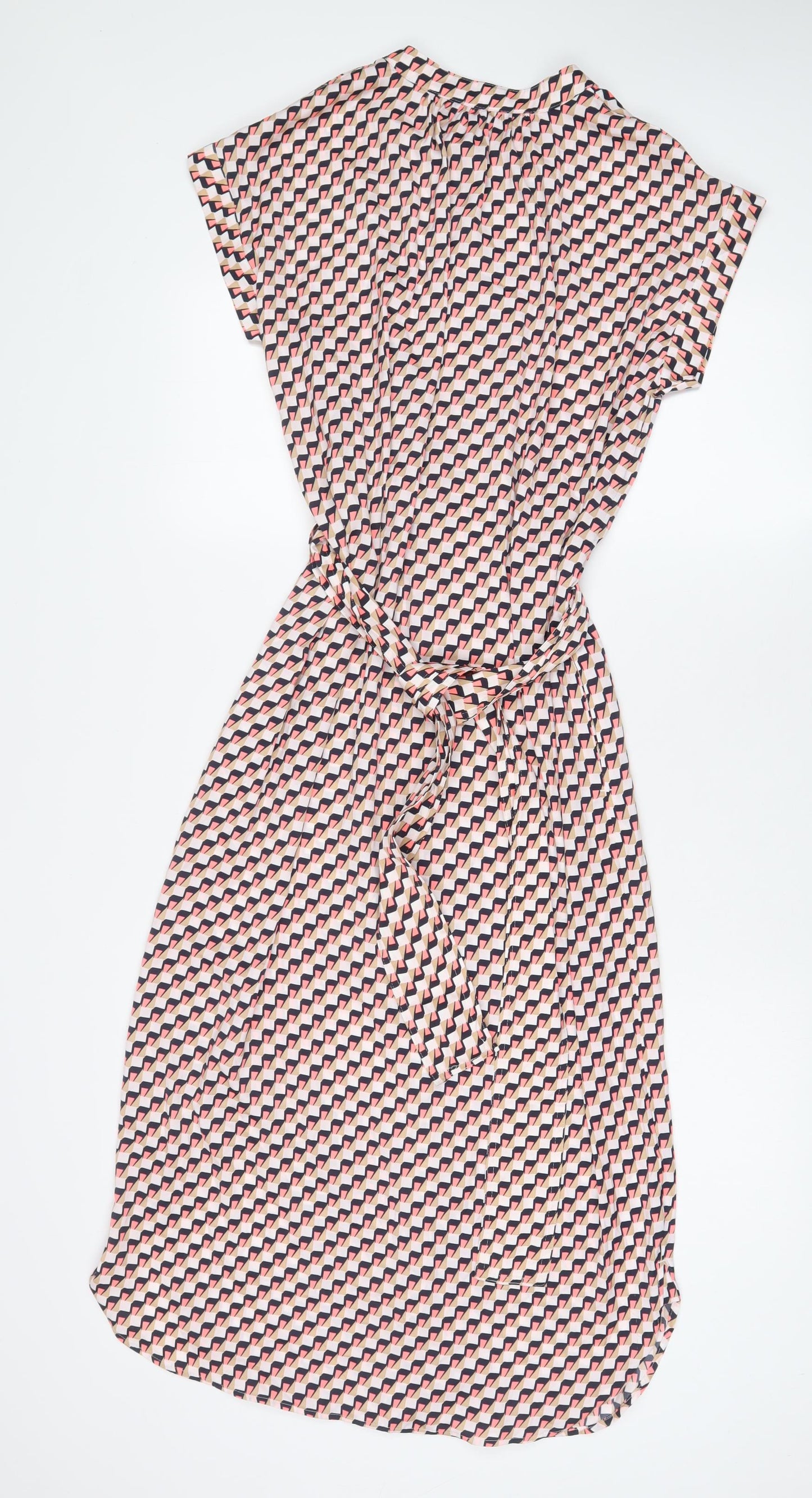 Marks and Spencer Womens Pink Geometric Polyester A-Line Size 6 V-Neck Pullover - Belted