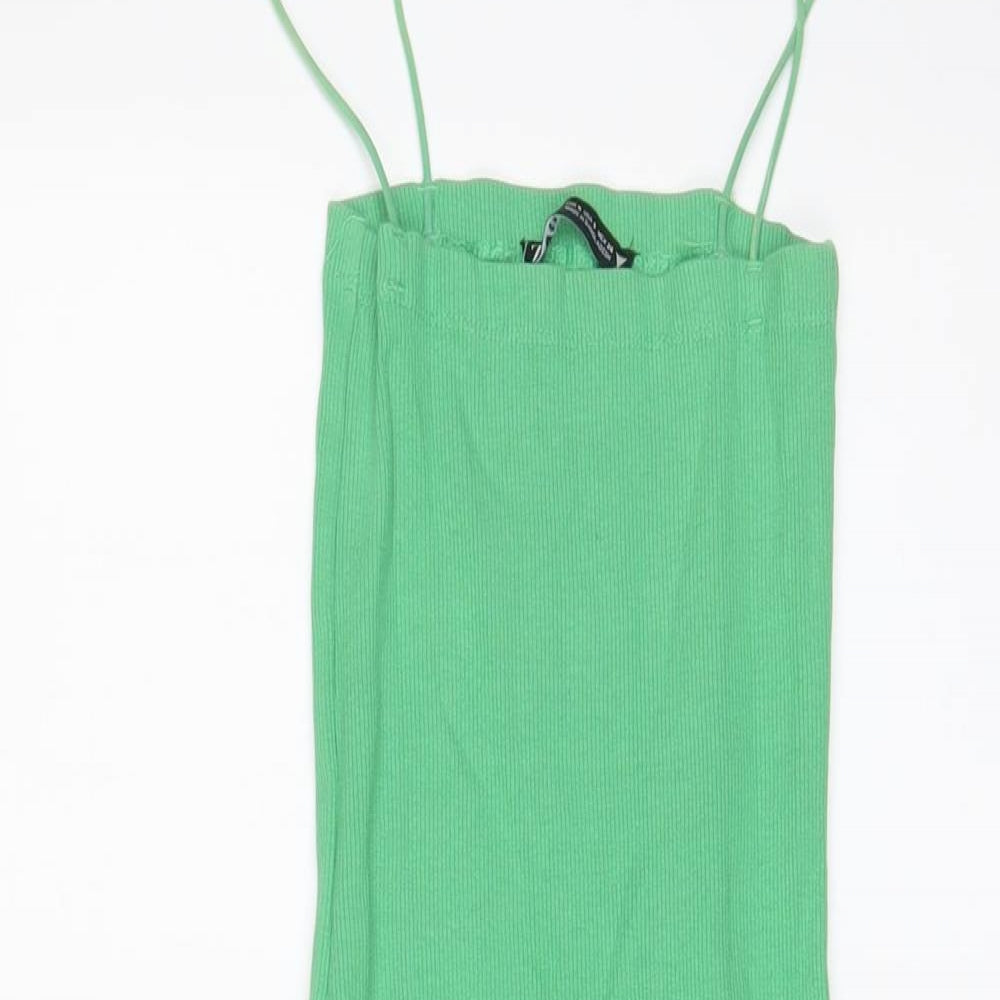 Zara Womens Green Cotton Bodycon Size S Square Neck Pullover