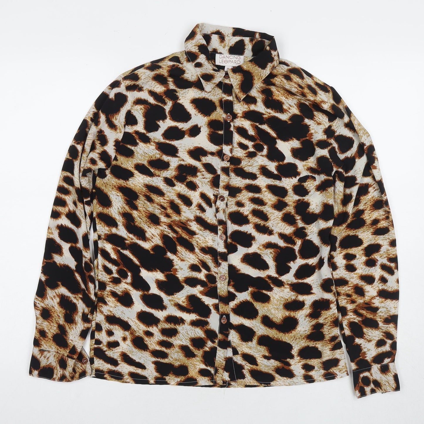 Dancing Leopard Womens Beige Animal Print Polyester Basic Button-Up Size 10 Collared