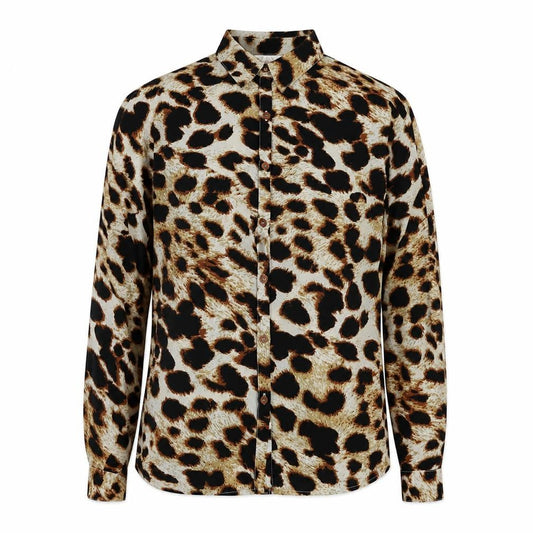 Dancing Leopard Womens Beige Animal Print Polyester Basic Button-Up Size 10 Collared