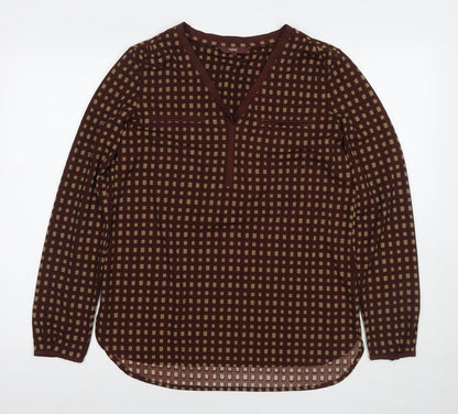 Next Womens Brown Check Polyester Basic Blouse Size 12 V-Neck