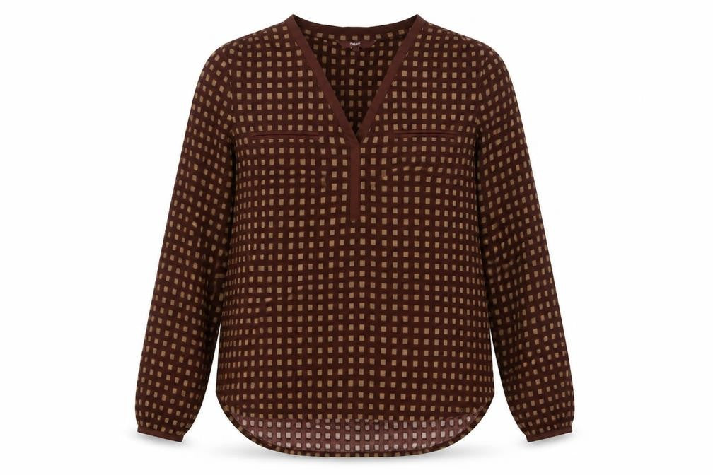 NEXT Womens Brown Check Polyester Basic Blouse Size 12 V-Neck