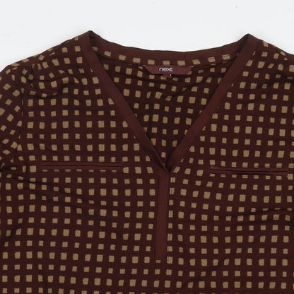 Next Womens Brown Check Polyester Basic Blouse Size 12 V-Neck