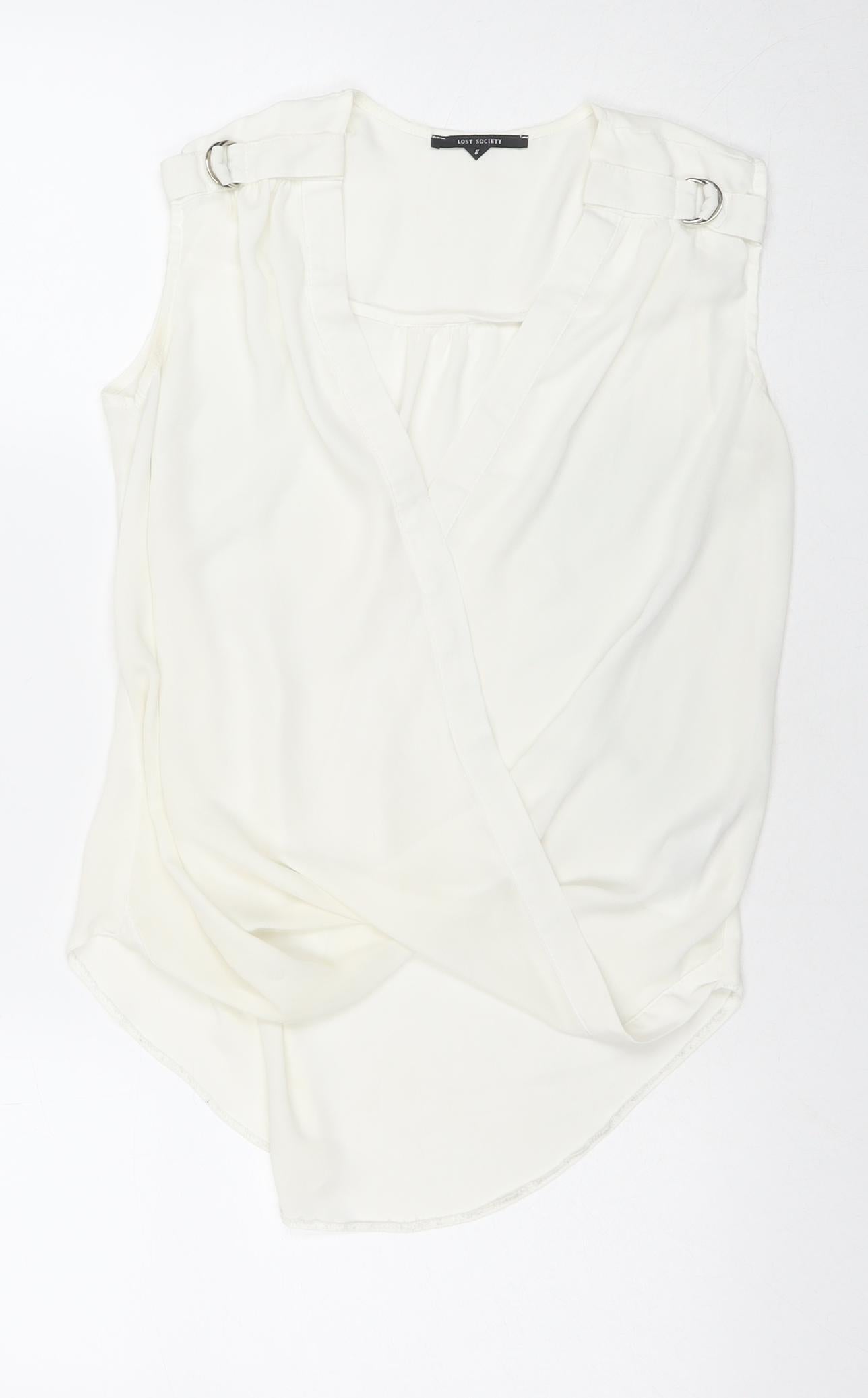 Lost Society Womens White Polyester Basic Blouse Size 8 V-Neck