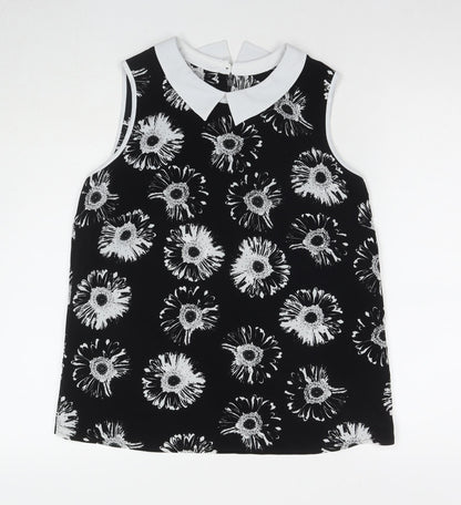 Marks & Spencer Womens Black Floral Polyester Basic Blouse Size 14 Collared