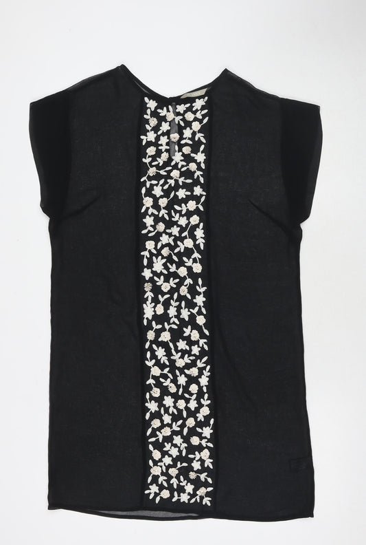 Planet Womens Black Floral Polyester T-Shirt Dress Size 10 Round Neck Pullover - Beach Cover-Up